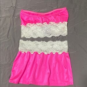 Bombshell Sportswear Pink and White Lace Mini Skirt